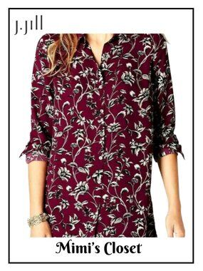J.JILL Crepe Burgundy Floral Tunic with Mother-of-Pearl Buttons - Size M